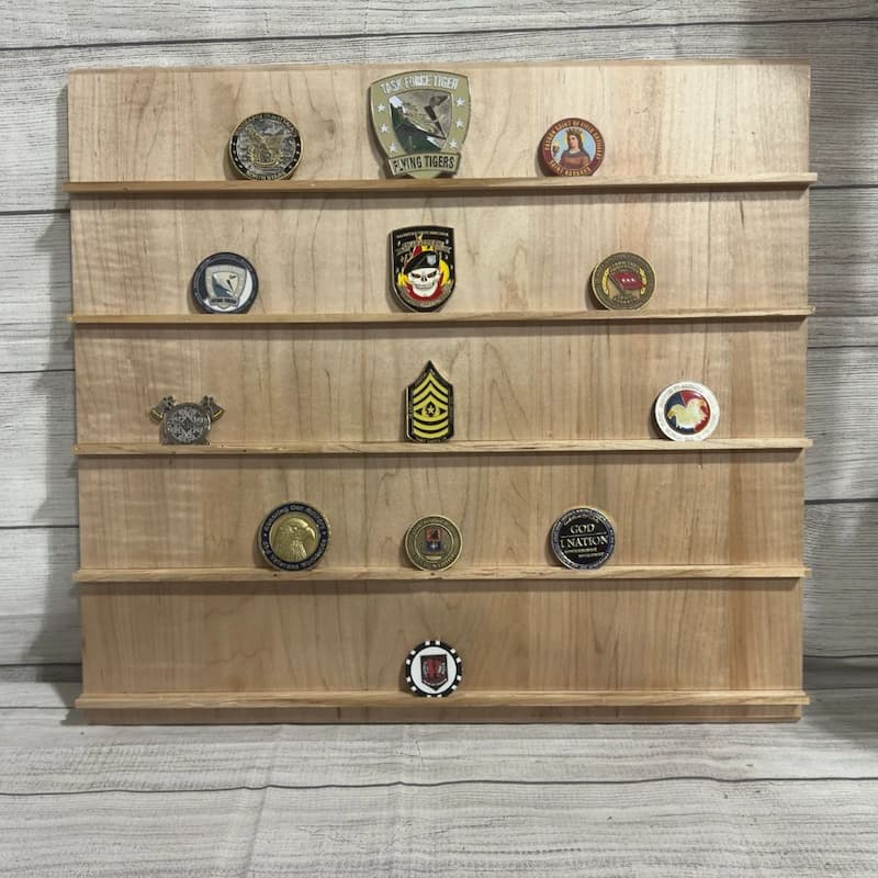 Wall-mounted wooden challenge coin rack with 5 shelves