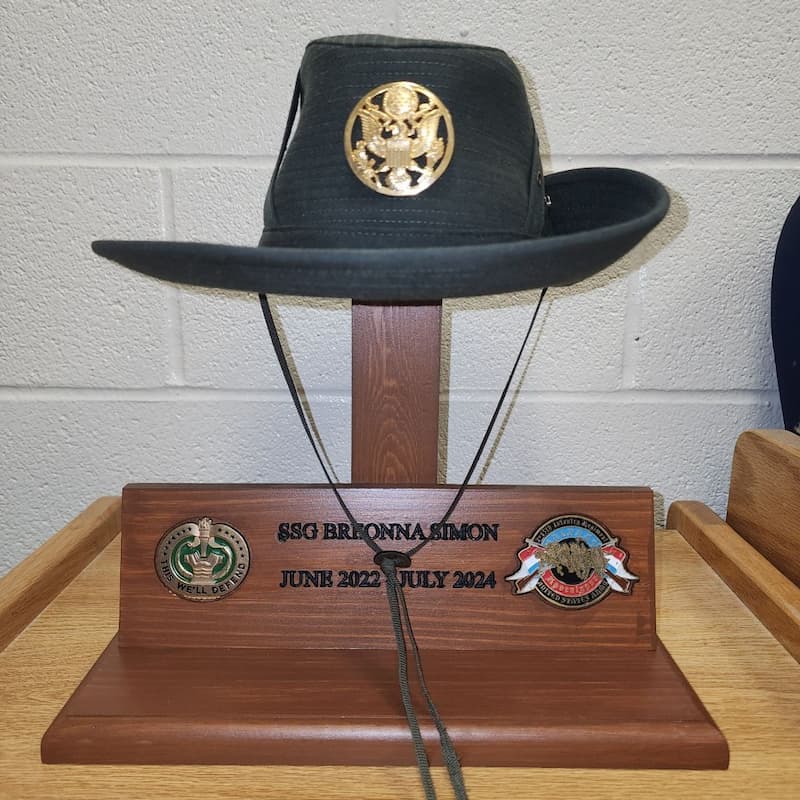 Custom wooden drill sergeant hat display, engraved pine