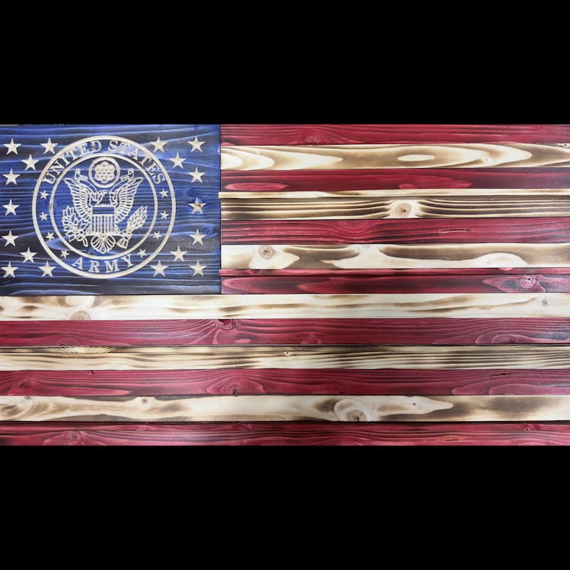 Wooden US flag challenge coin display, wall-mounted